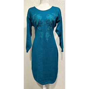 Vintage 80s Teal Retro Beaded Floral Knit Sweater Dress